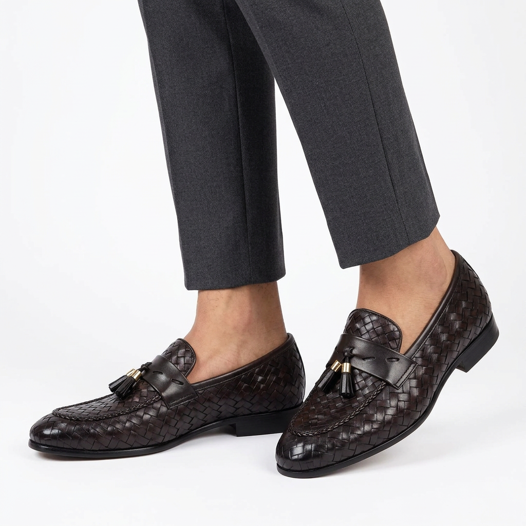 Men's dark brown woven tassel loafers worn with charcoal trousers on a white background