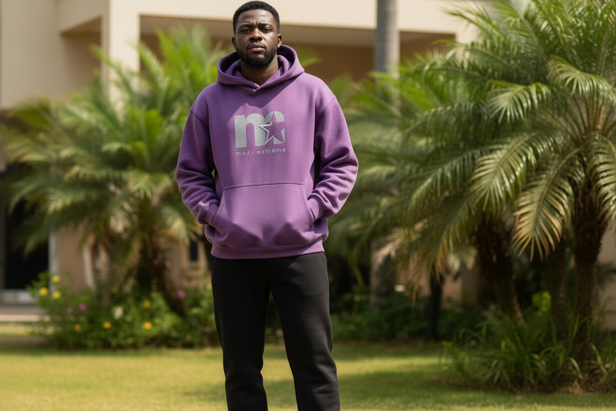 Model wearing purple hoodie with black trousers