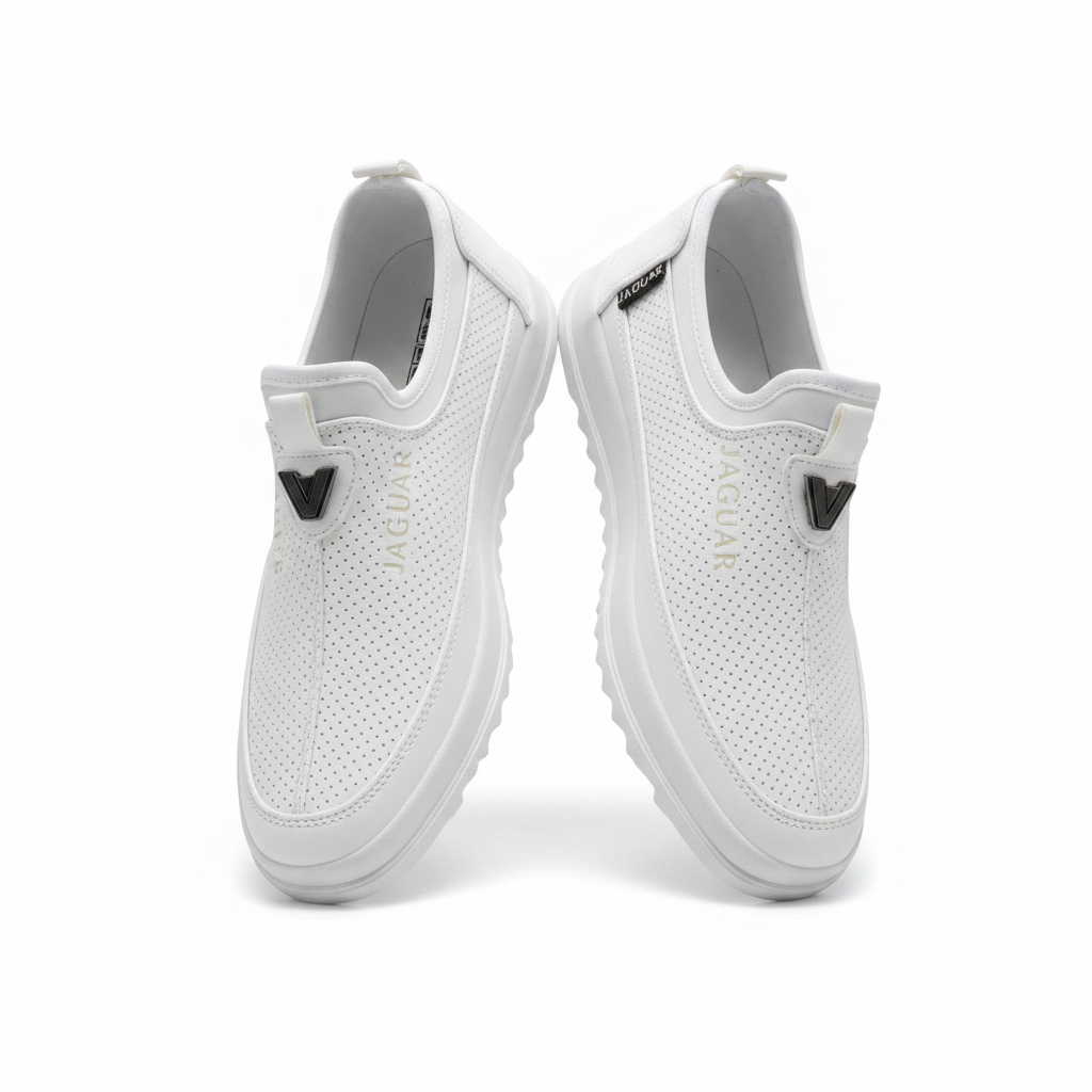 Jaguar all-white perforated slip-on sneaker ghost mannequin product shot, plain white background