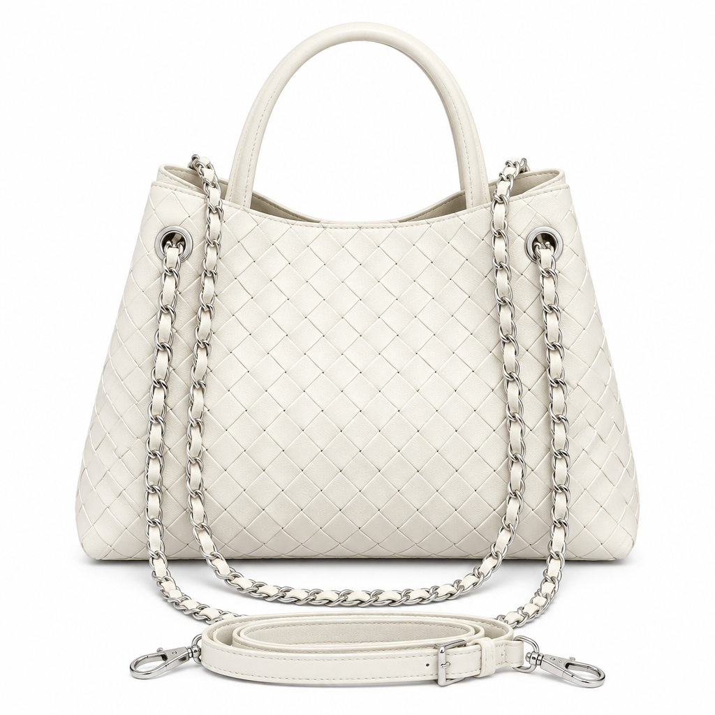 Woven Leather Chain Tote Bag – Cream, Ghost Mannequin
