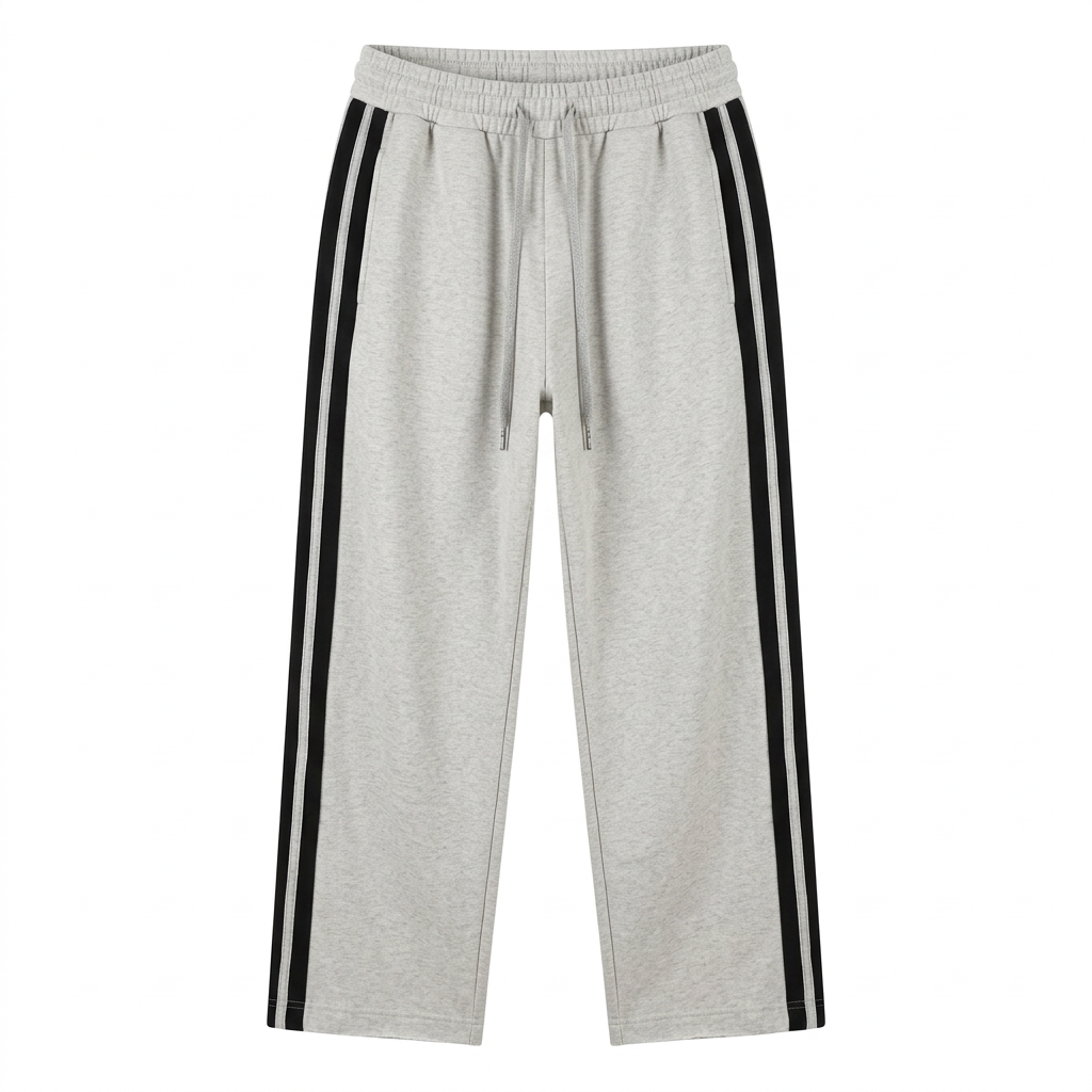 Grey marl joggers with black side stripes, generated ghost mannequin view