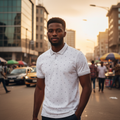 White Micro Dot Print Polo Shirt on Nigerian male model