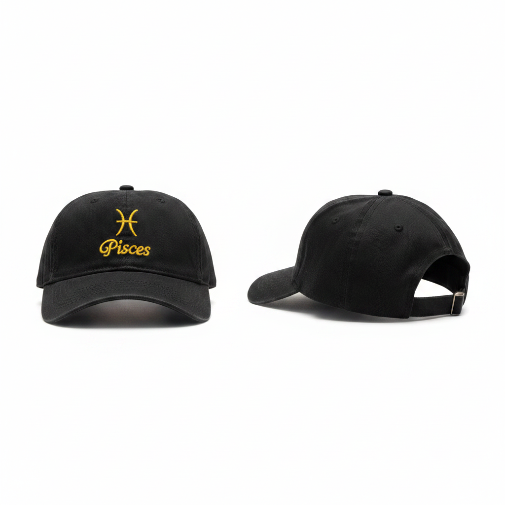 Black Pisces zodiac baseball cap with gold embroidery ghost mannequin front and rear-side view