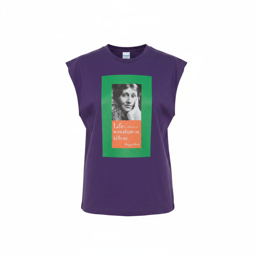 Purple graphic sleeveless vest on ghost mannequin, white background