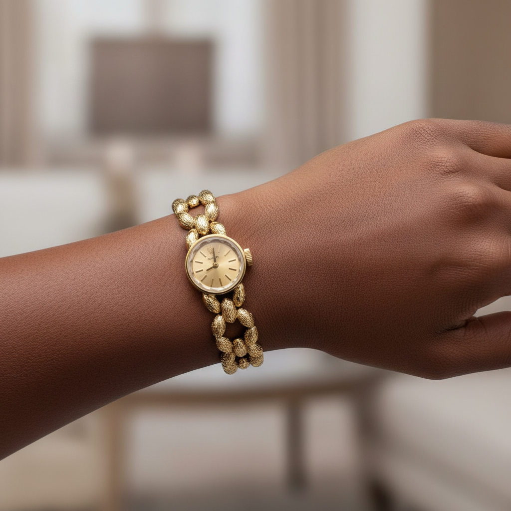 Women's gold chain bracelet champagne dial watch worn on Nigerian model wrist — lifestyle wrist shot