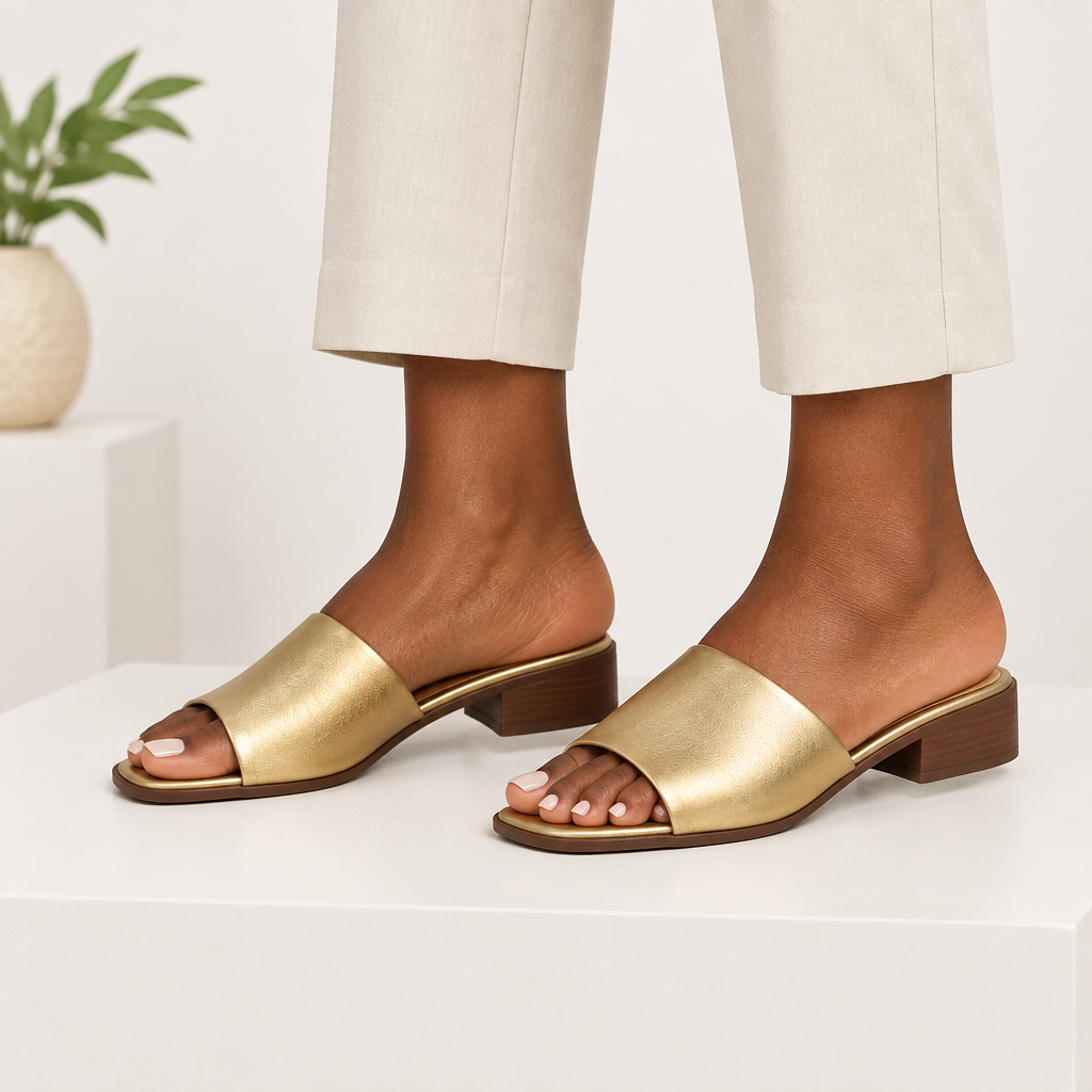 Model wearing gold block heel slide sandals, complete pair shown on both feet