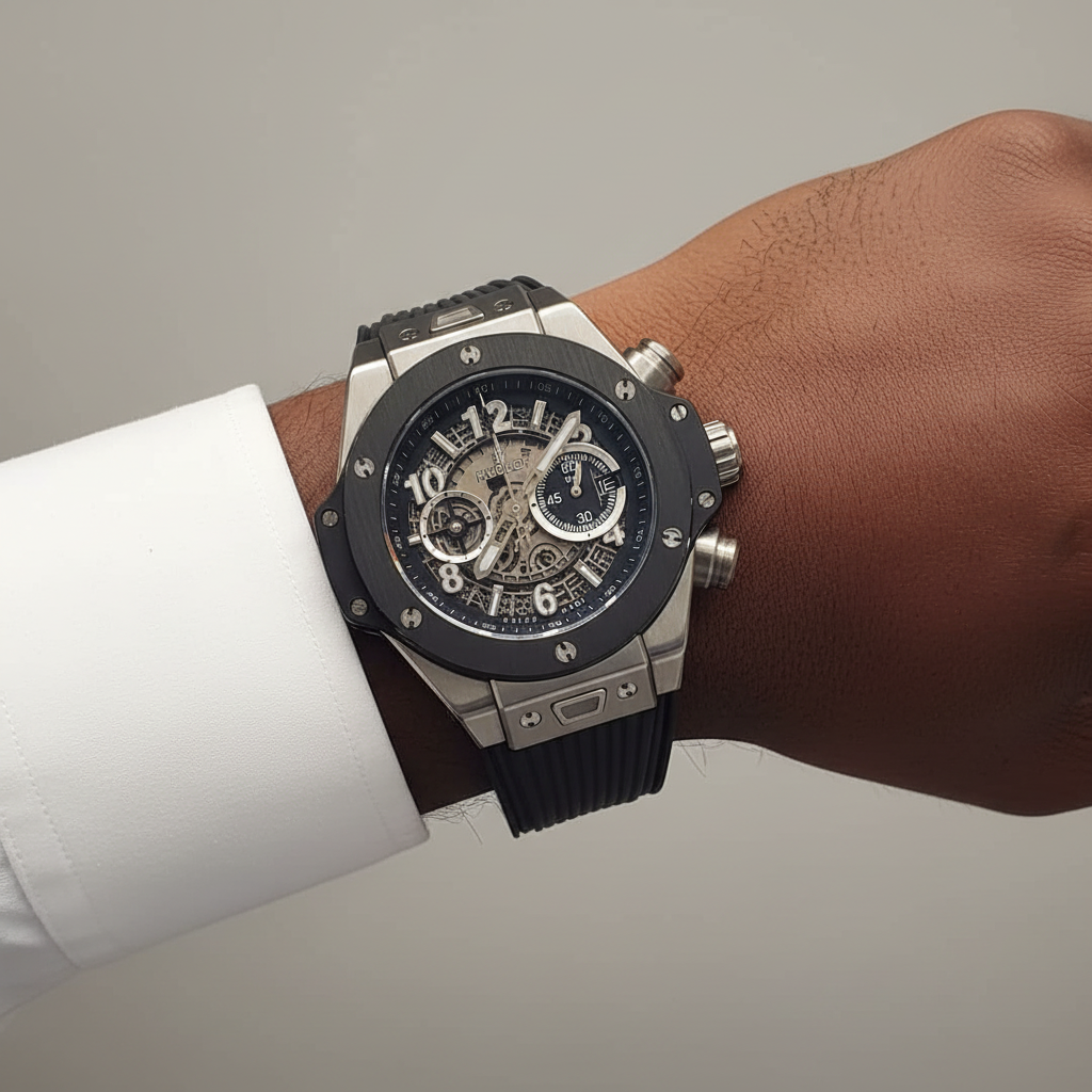 Nigerian male model wrist shot — silver black ceramic skeleton chronograph sport watch