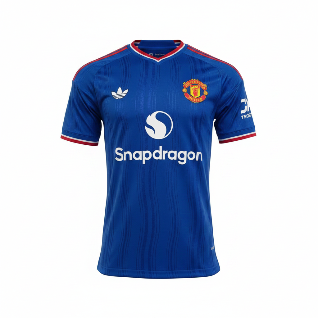 Royal blue V-neck texture football jersey ghost mannequin front view - red shoulder stripes, white chest print