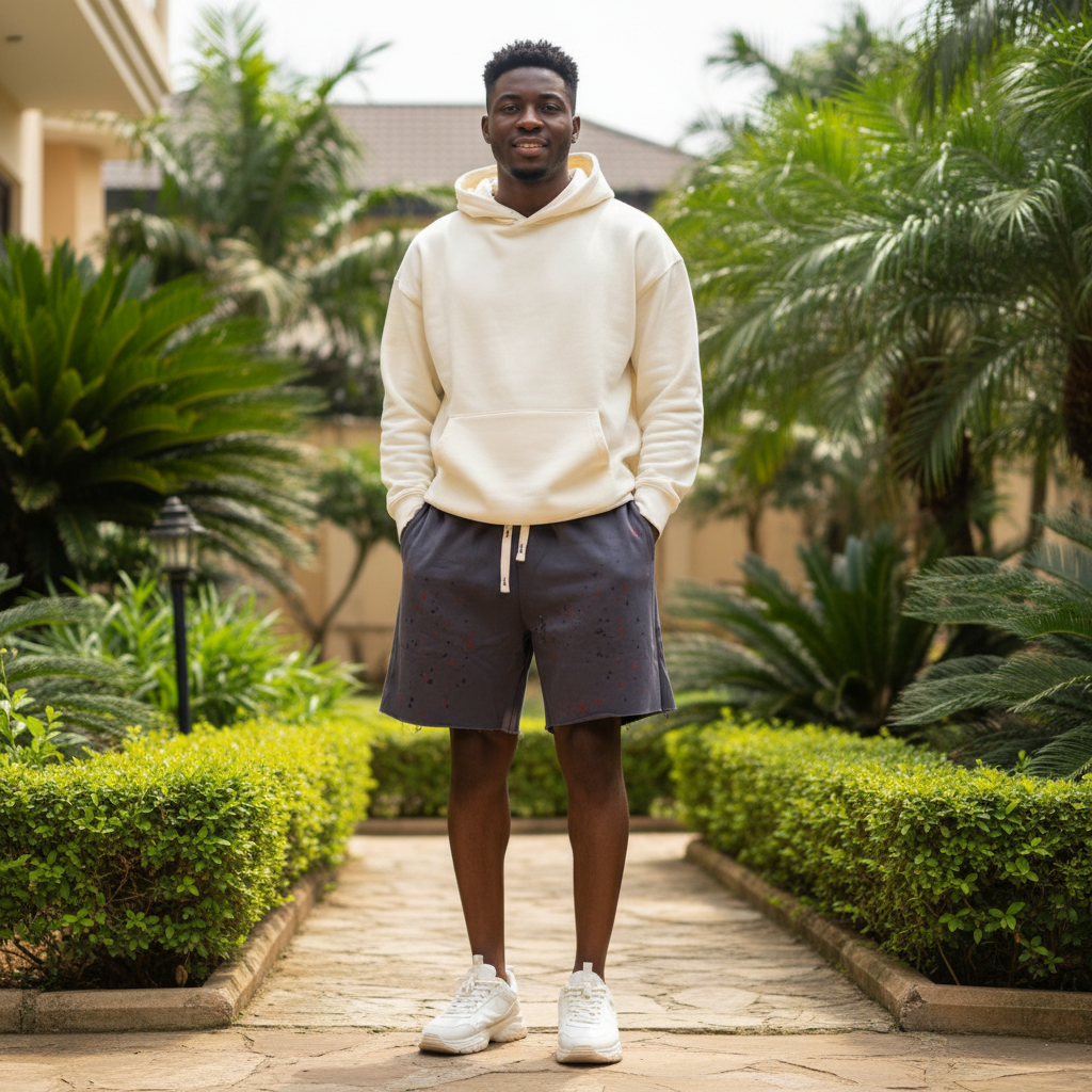 Nigerian male model wearing charcoal paint splatter raw hem shorts — full body streetwear shot
