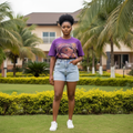 Women's purple bear graphic tee - female model shot