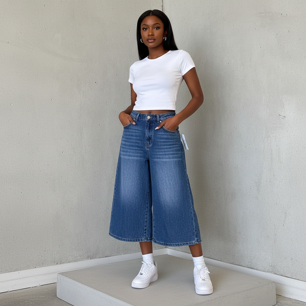 Blue Wash Wide-Leg Denim Culottes - Model Front