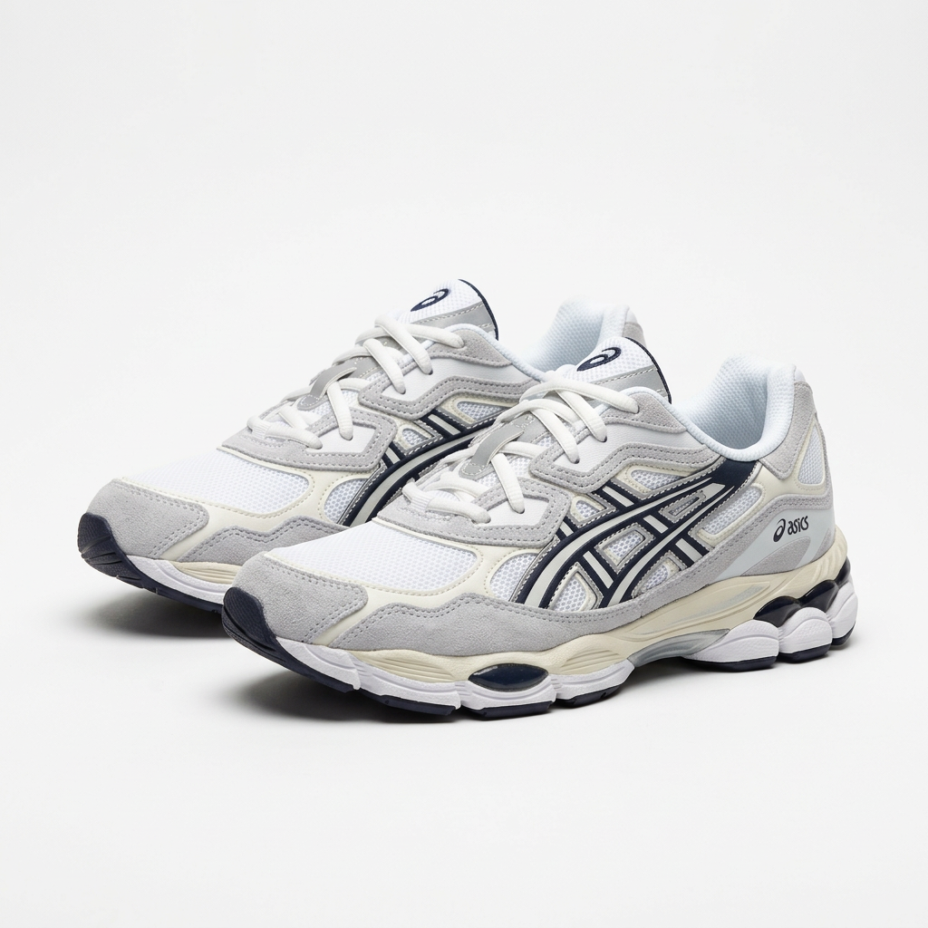 Pair of silver-white layered mesh sneakers on white