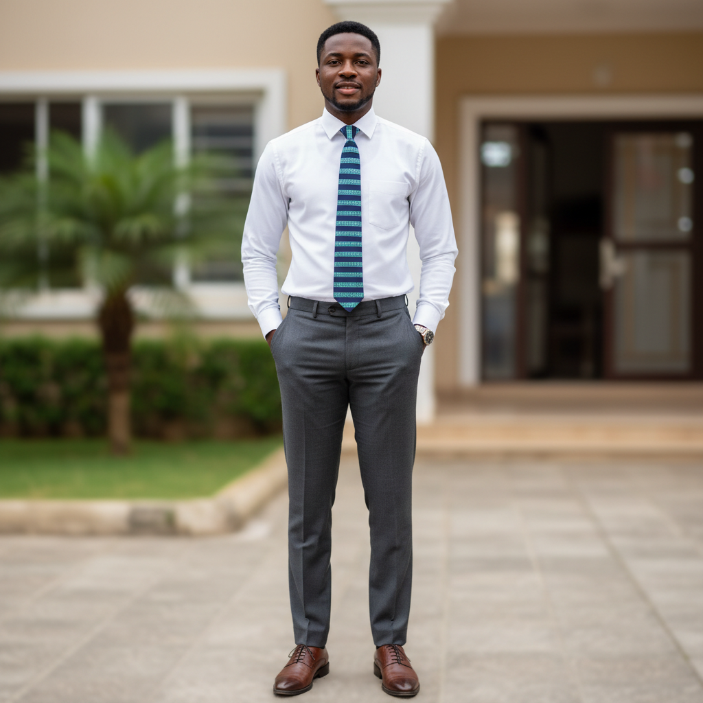 Nigerian male model wearing navy blue and teal stripe woven necktie with white shirt