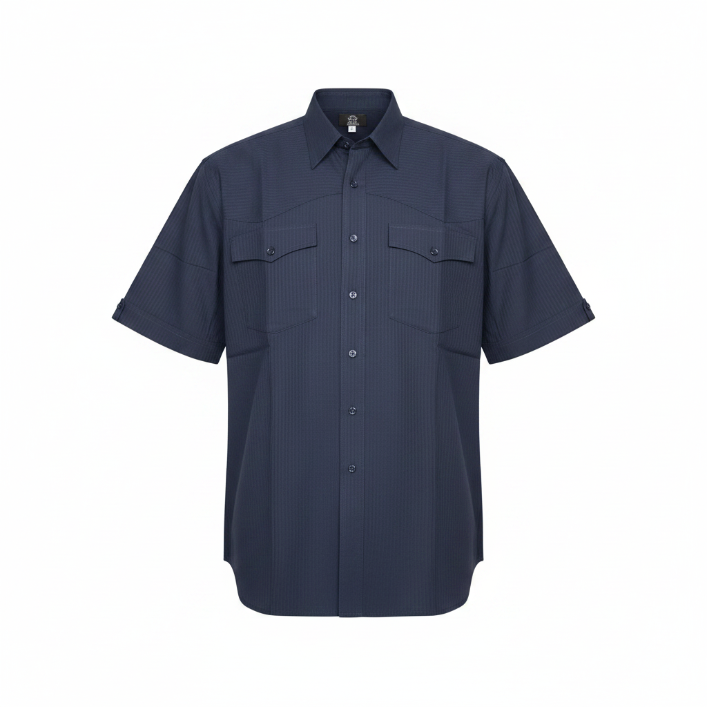 Ghost mannequin of navy blue short-sleeved shirt