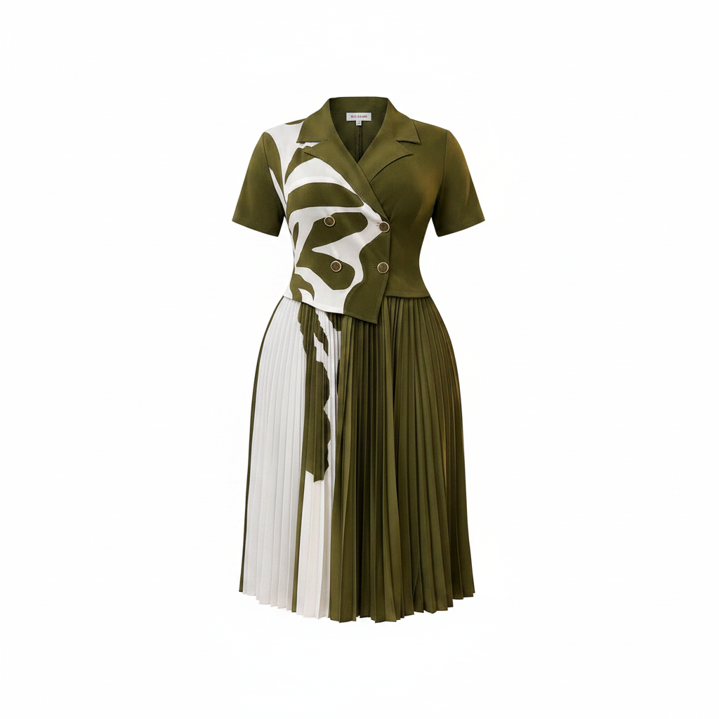 Women's Olive Green Abstract Print Pleated Midi Dress — ghost mannequin front view
