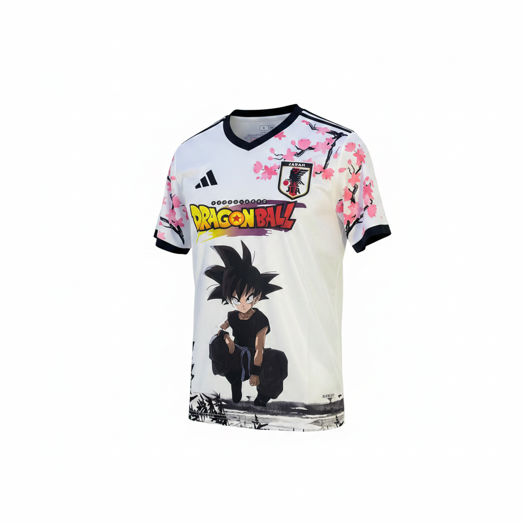 White anime cherry blossom graphic football jersey ghost mannequin front view