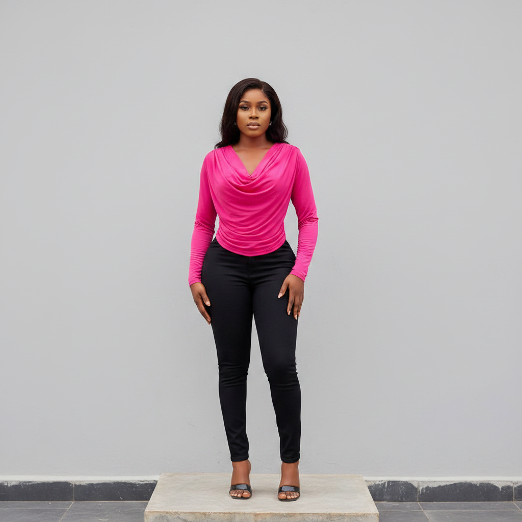 Women's Hot Pink Draped Cowl-Neck Ruched Top - Nigerian Female Model