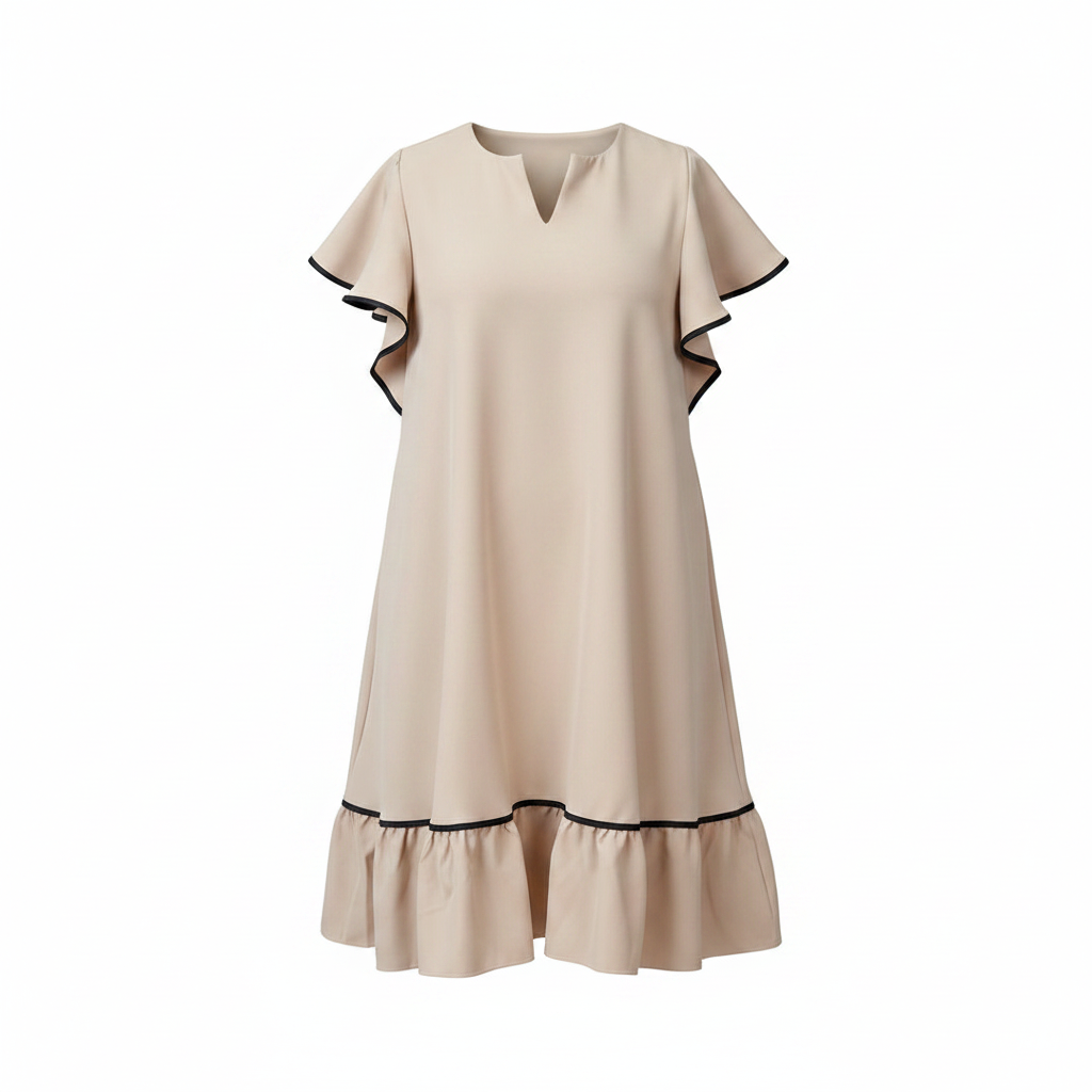 Ghost mannequin view of women's cream flutter sleeve A-line midi dress with ruffle hem