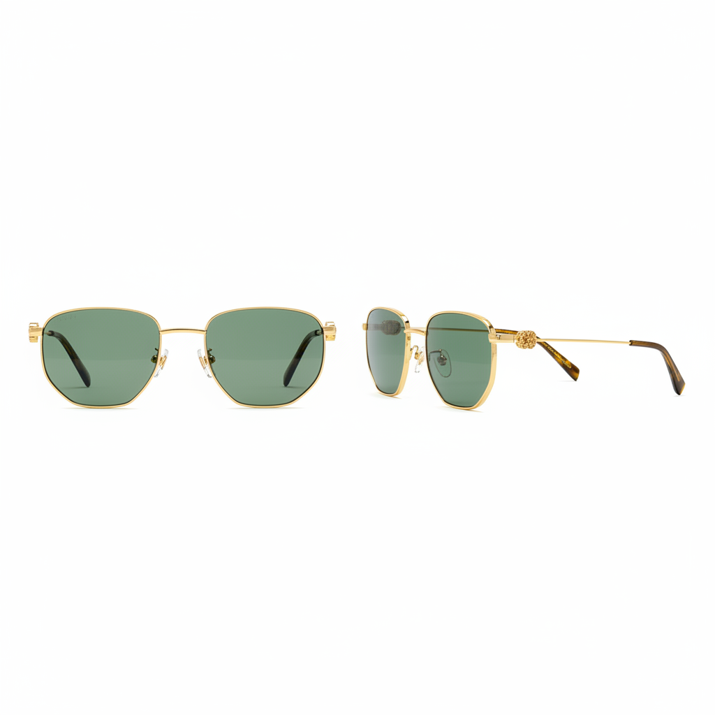 Ghost mannequin view — Geometric Hexagonal Sunglasses Gold Wire, front and side view