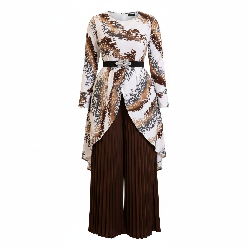 Women's brown marble print asymmetric top and chocolate pleated trousers co-ord set ghost mannequin