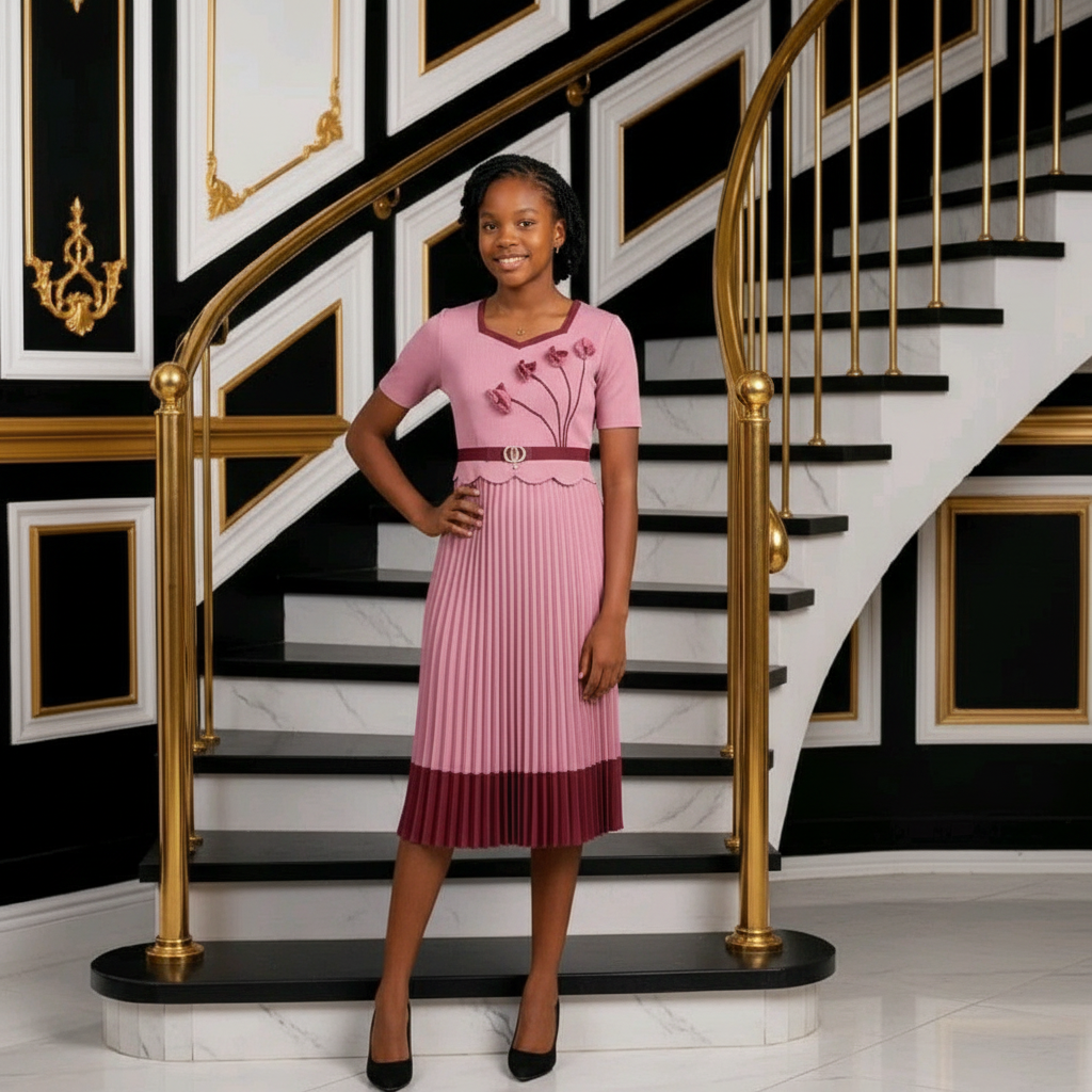 Nigerian teenage girl model wearing dusty pink pleated midi dress with floral appliqué