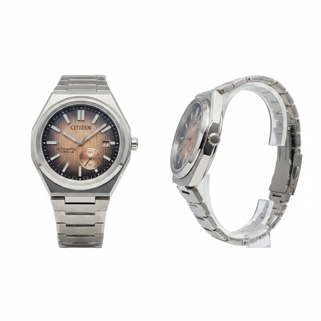 Gradient sunburst dial automatic titanium watch front and side ghost mannequin view
