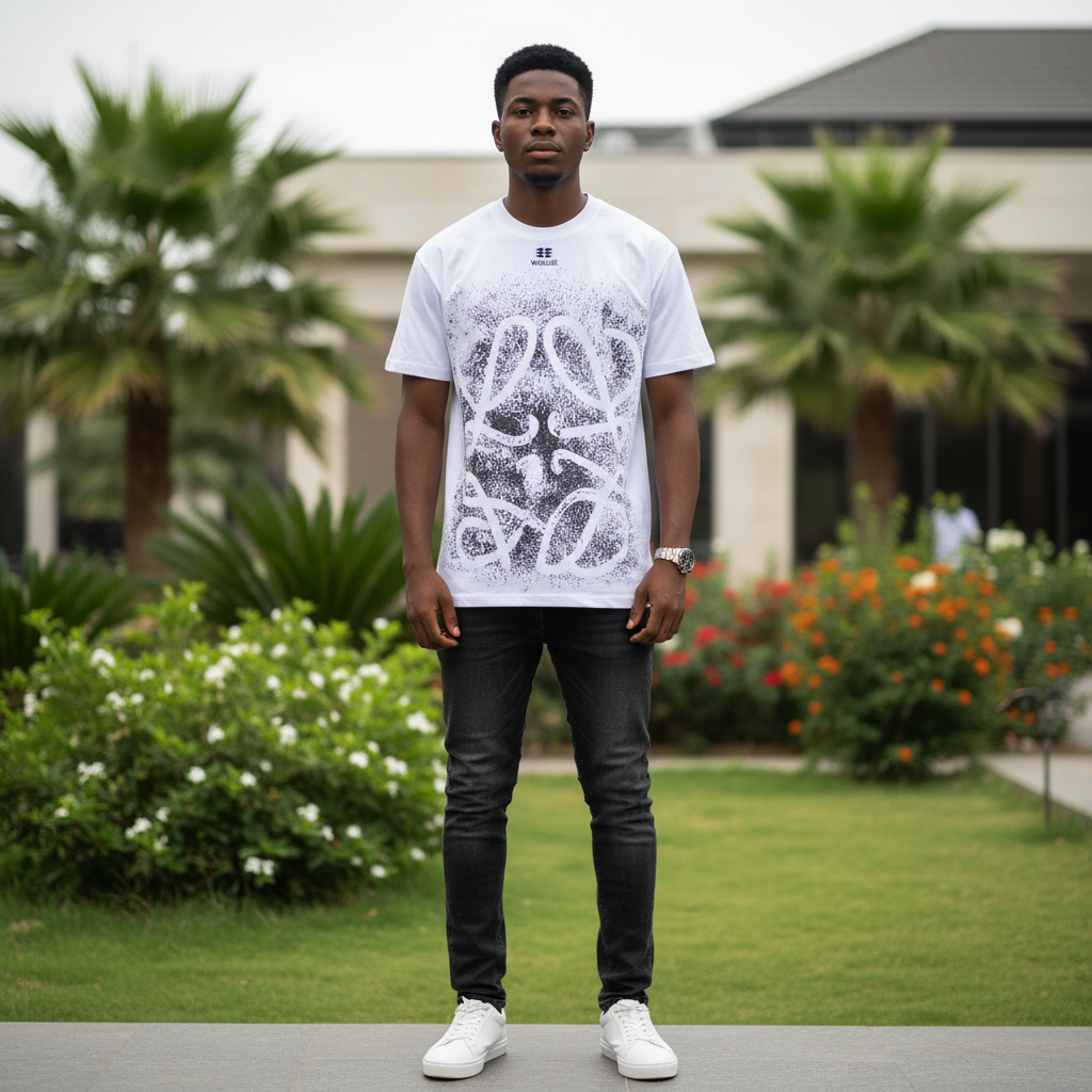 Nigerian male model wearing men's white abstract face graphic print shirt