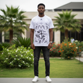 Nigerian male model wearing men's white abstract face graphic print shirt