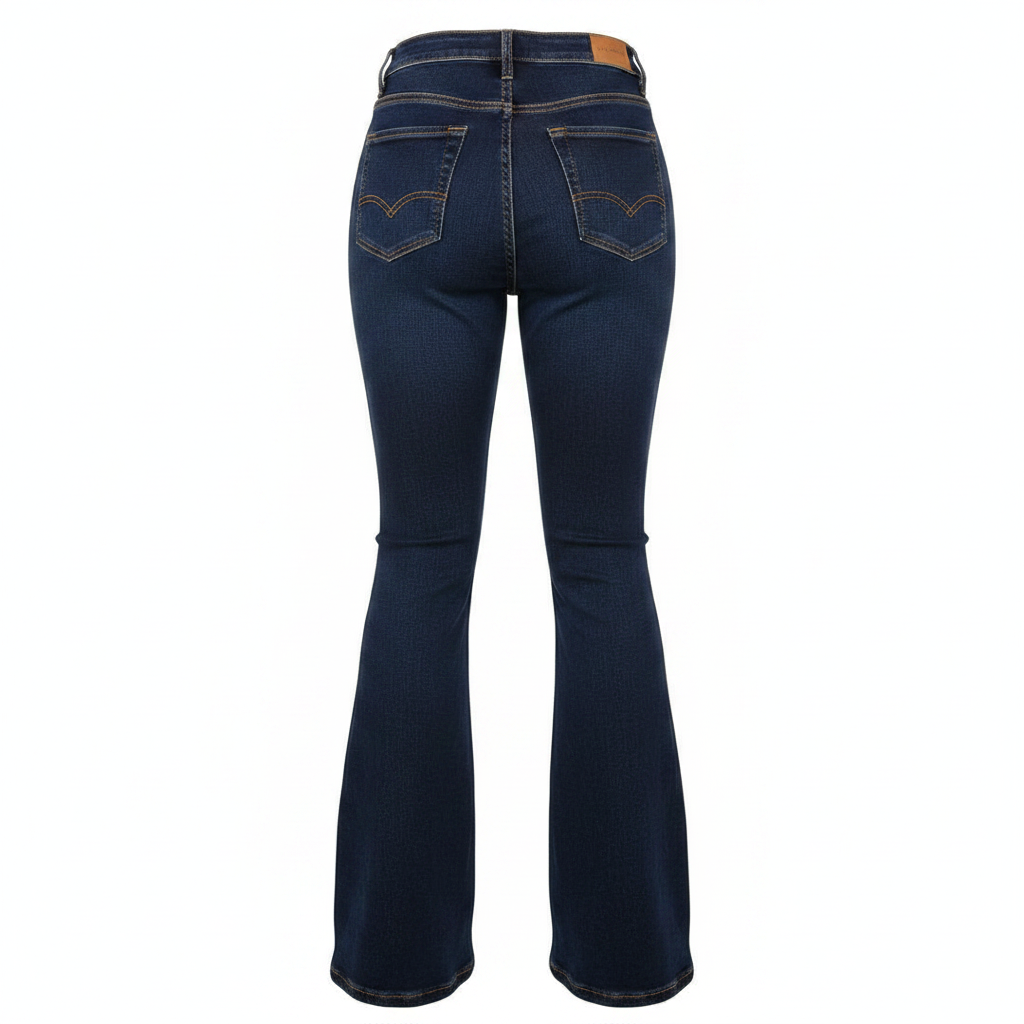 Dark Indigo High-Waist Bell Bottom Flare Jeans – Back Ghost Mannequin