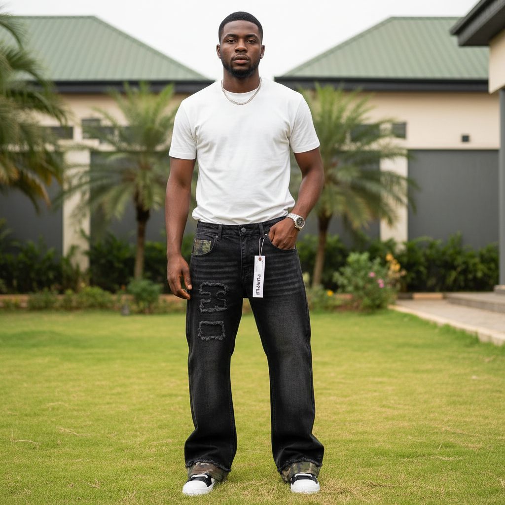 Men's Black Camo Detail Wide-Leg Distressed Denim Jeans – Nigerian Male Model Shot