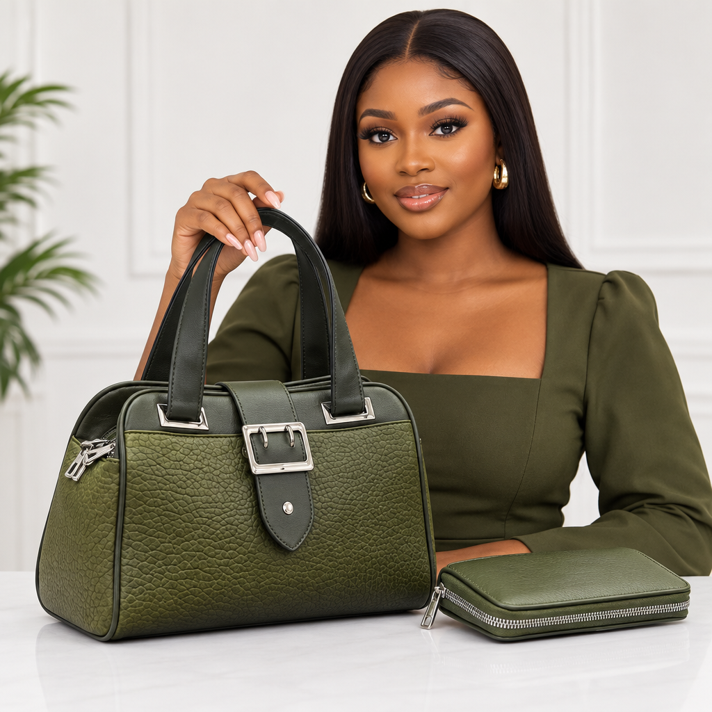 Nigerian model beside olive handbag and matching purse