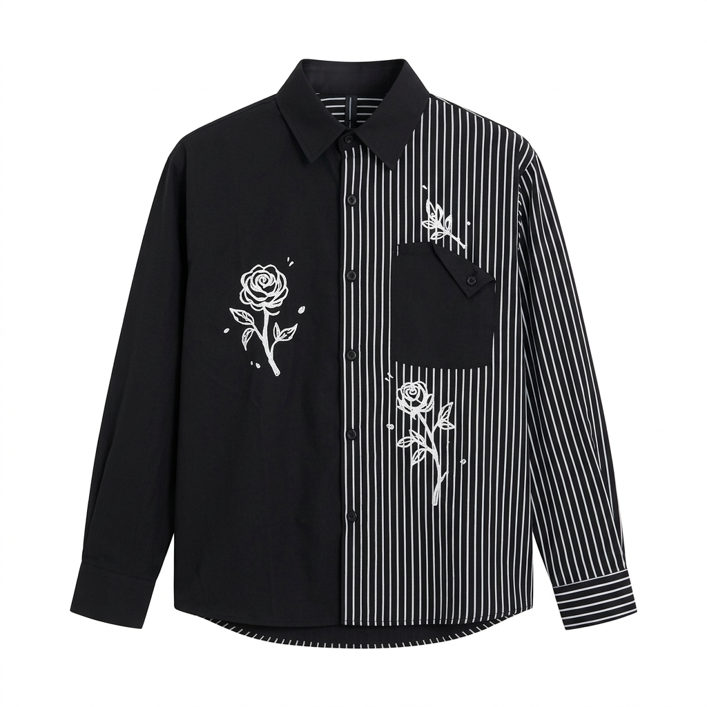 Black pinstripe rose-print long-sleeve shirt on an invisible mannequin