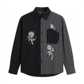 Black pinstripe rose-print long-sleeve shirt on an invisible mannequin
