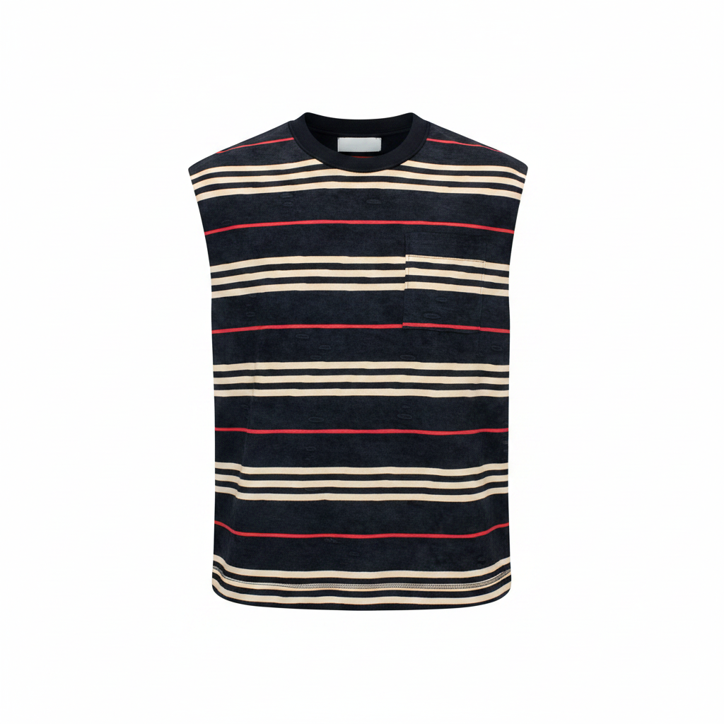 Men's navy cream red stripe sleeveless vest top ghost mannequin front view