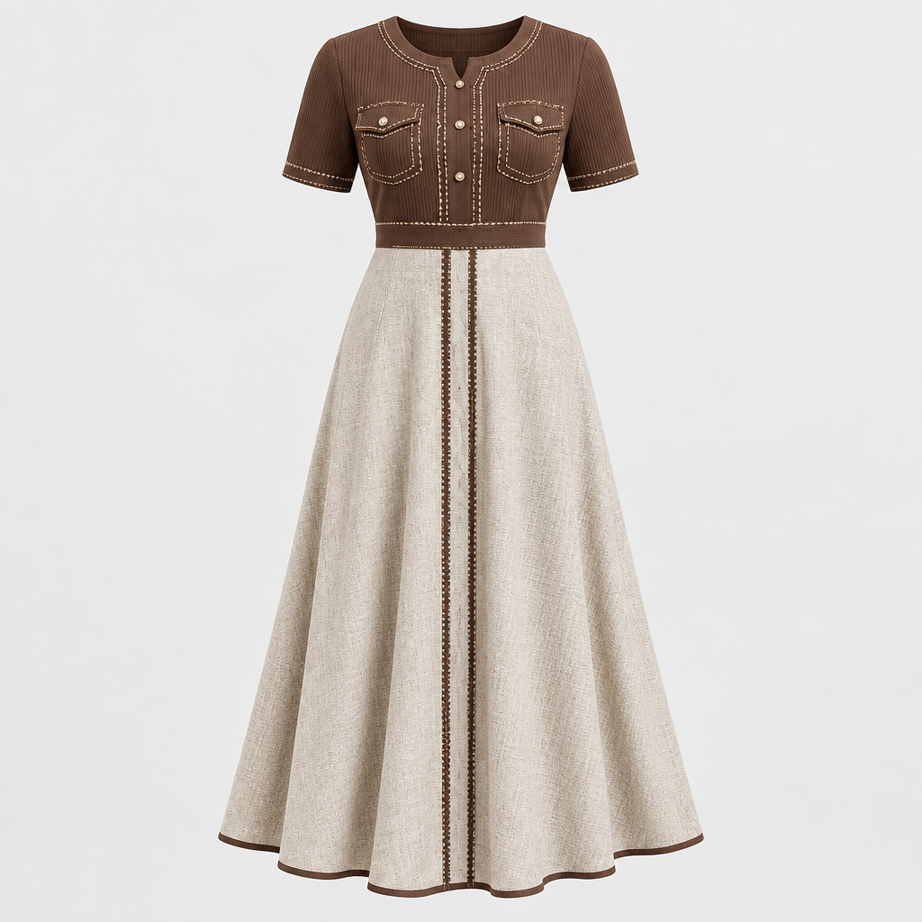 Brown and cream contrast gown on ghost mannequin