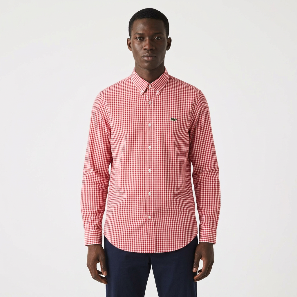 Adult Black model wearing a red and white fine-check long-sleeve shirt