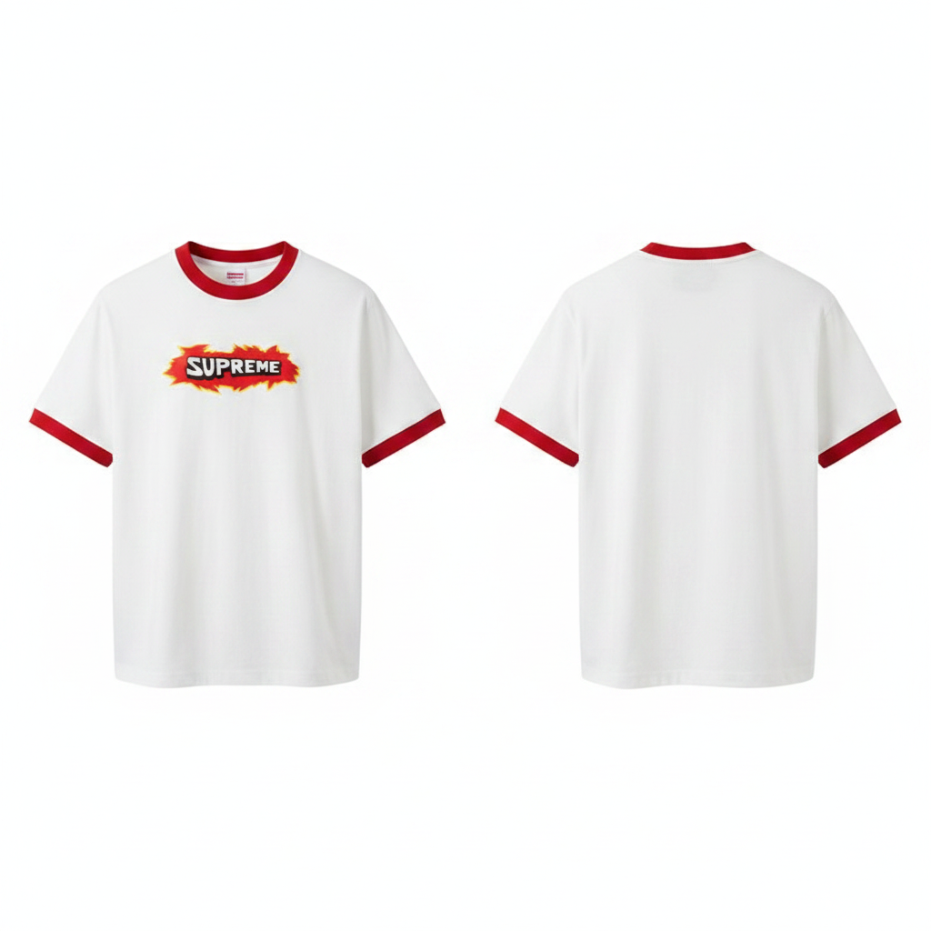 Men's white red contrast ringer flame burst graphic T-shirt ghost mannequin front and back view