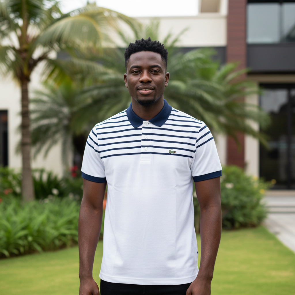 Nigerian male model wearing white striped yoke polo shirt with navy collar and cuffs in garden setting