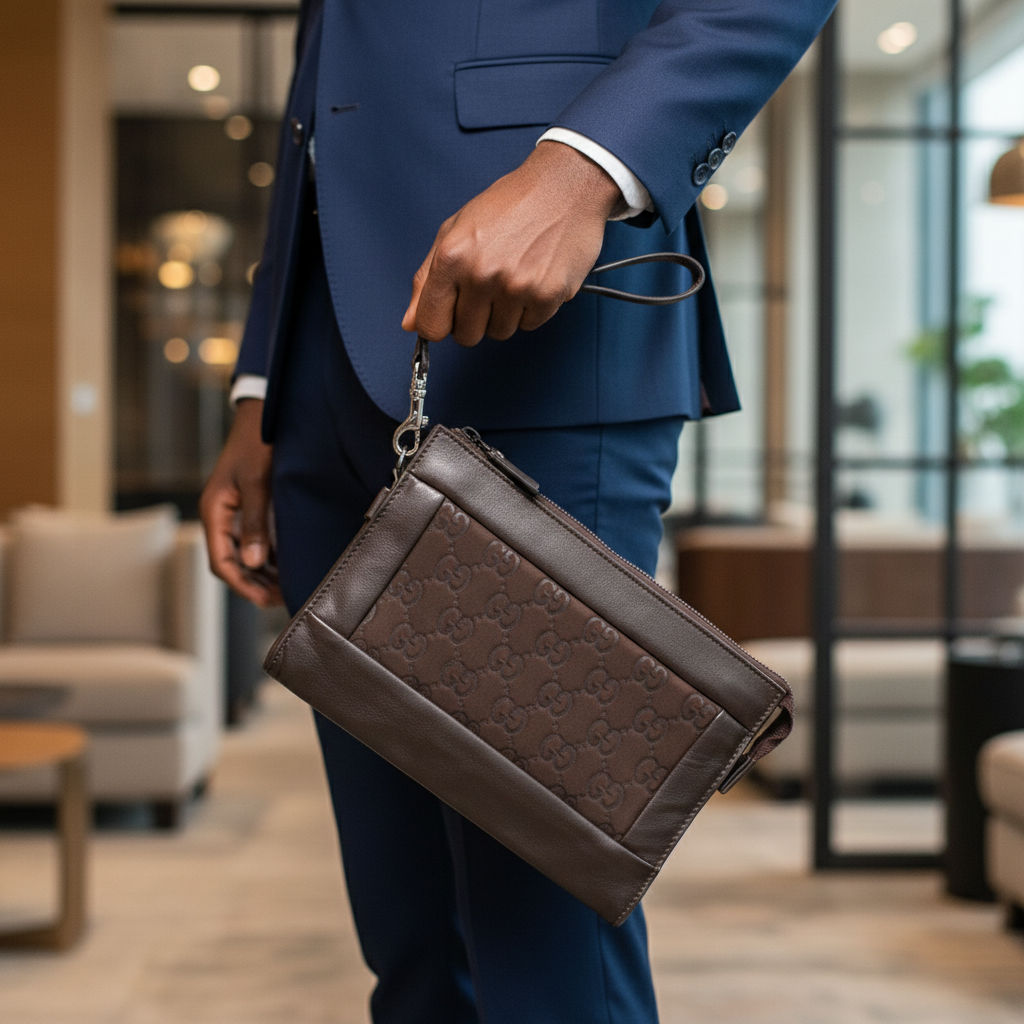 Sobar brown monogram leather men's clutch held by Black Nigerian professional man