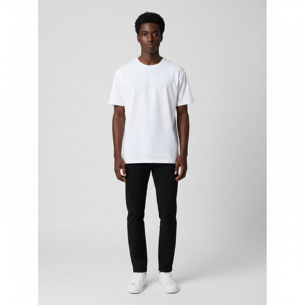 Man wearing the plain white crew neck t-shirt