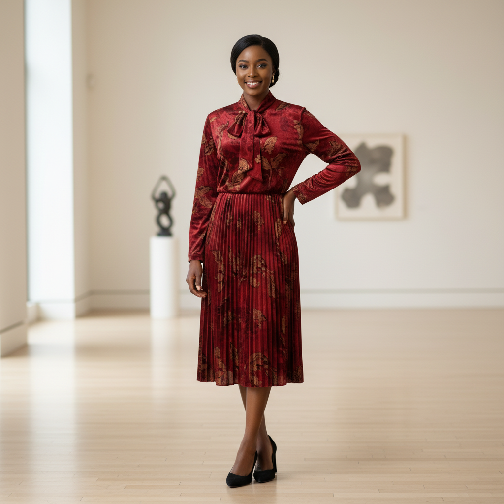 Burgundy Jacquard Velvet Pleated Midi Dress - Model Shot