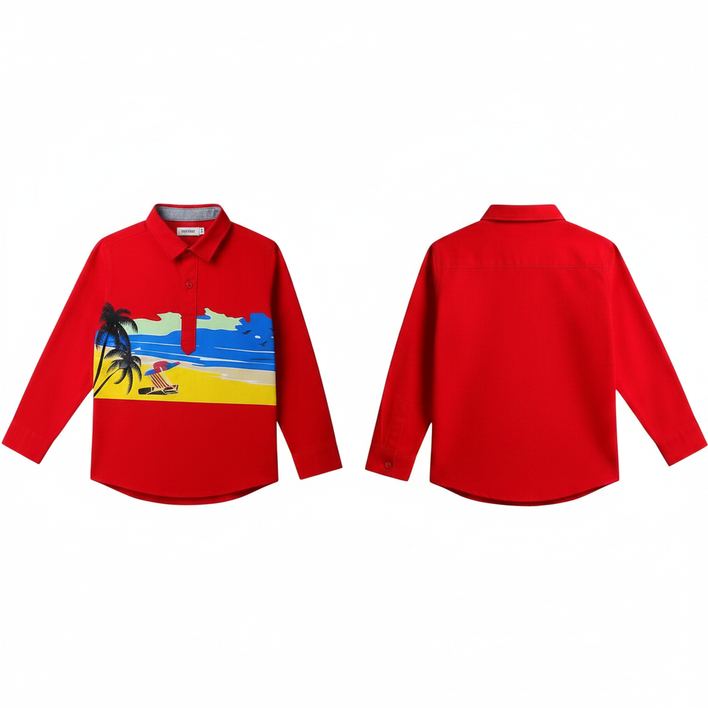 Boys red tropical print shirt - product flat lay