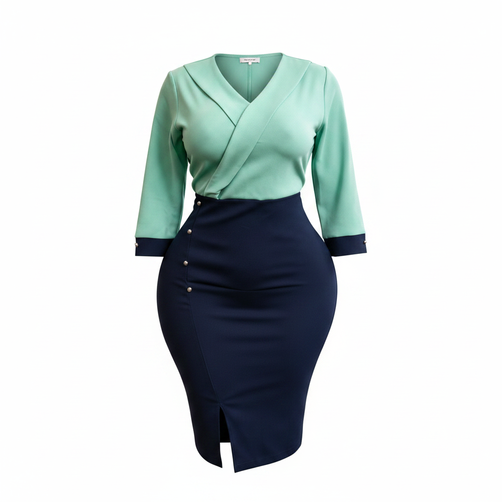 Ghost mannequin view of women's mint green and navy wrap top pencil skirt co-ord set