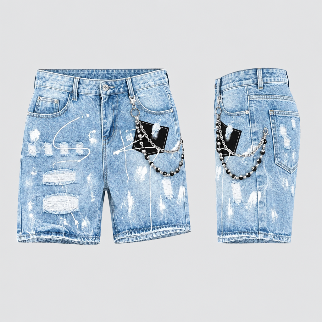Pale-blue distressed denim shorts with white paint-like details and beaded chain