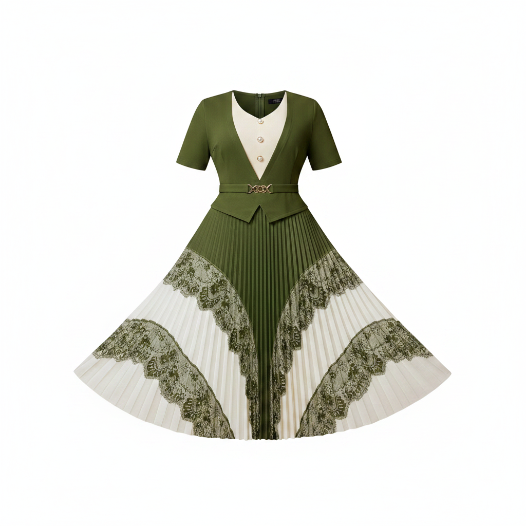 Olive green and white pleated midi gown with floral lace border skirt and pearl buttons, ghost mannequin view