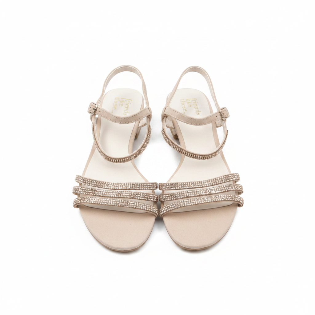 Women's nude rhinestone T-strap flat sandals ghost mannequin pair view