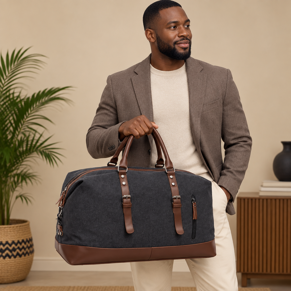Adult model carrying a charcoal and brown travel duffel bag