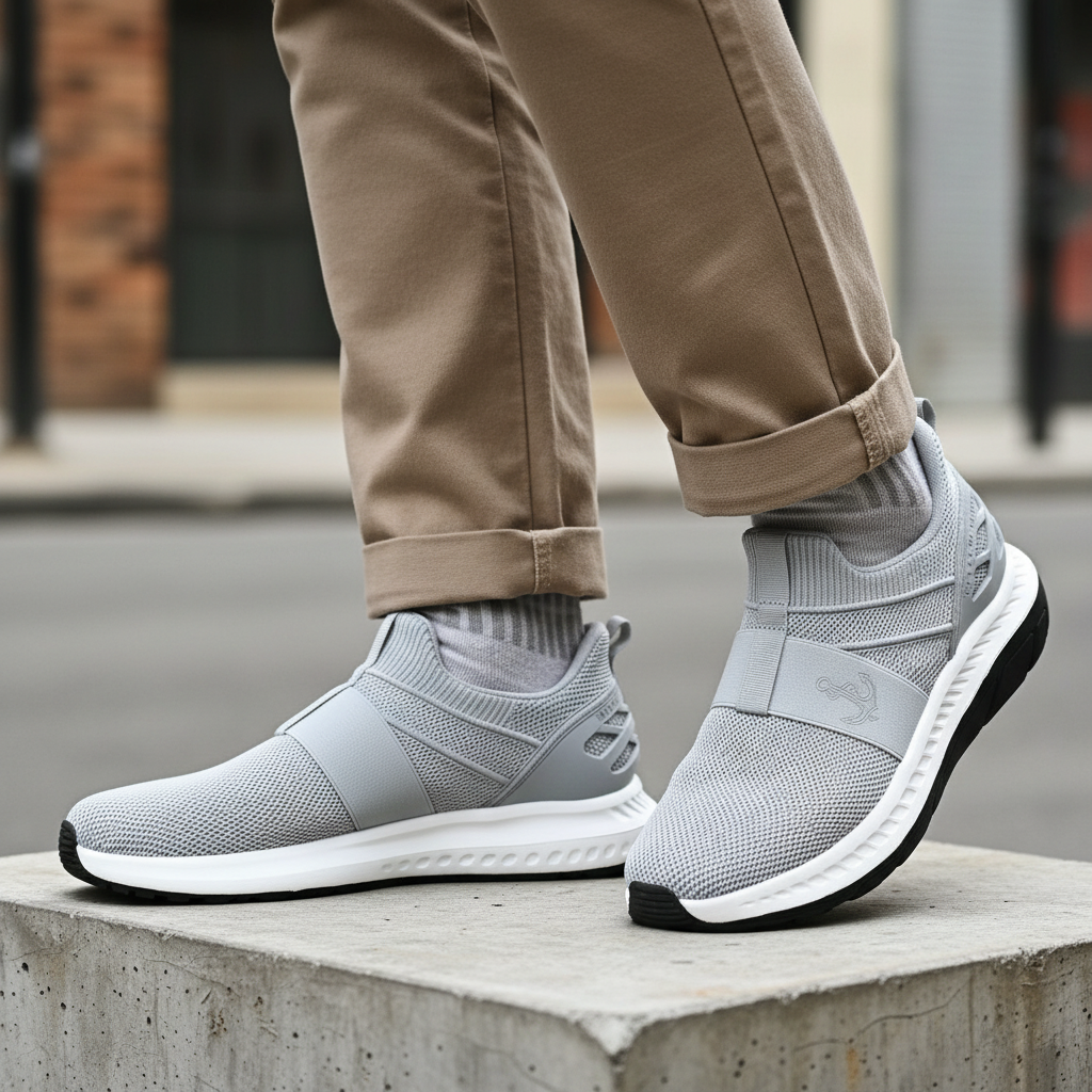 Model wearing light grey knit mesh laceless slip-on running sneakers leg shot