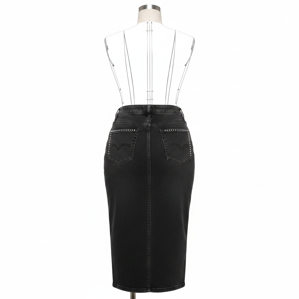 Black Rhinestone Midi Denim Skirt – Back Ghost Mannequin