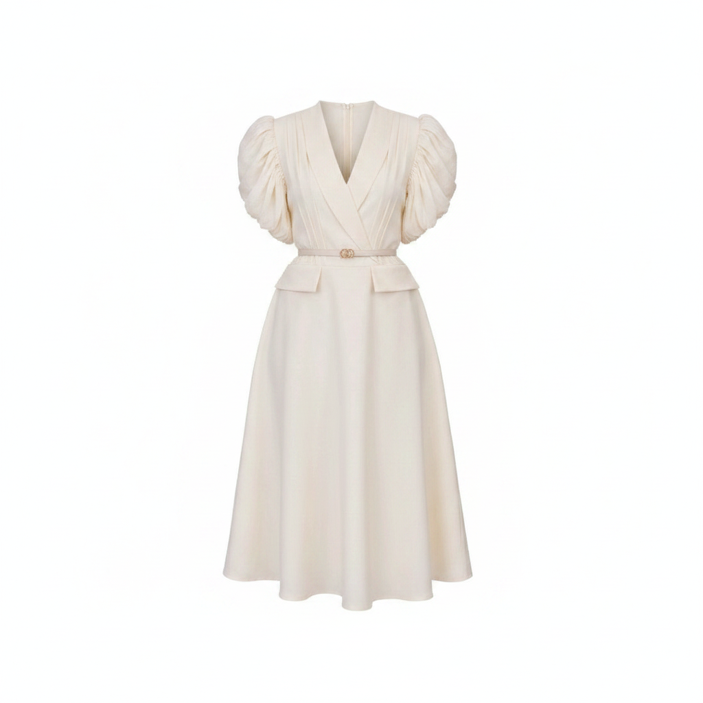 Women's puff-sleeve belted A-line midi dress in white – ghost mannequin front view